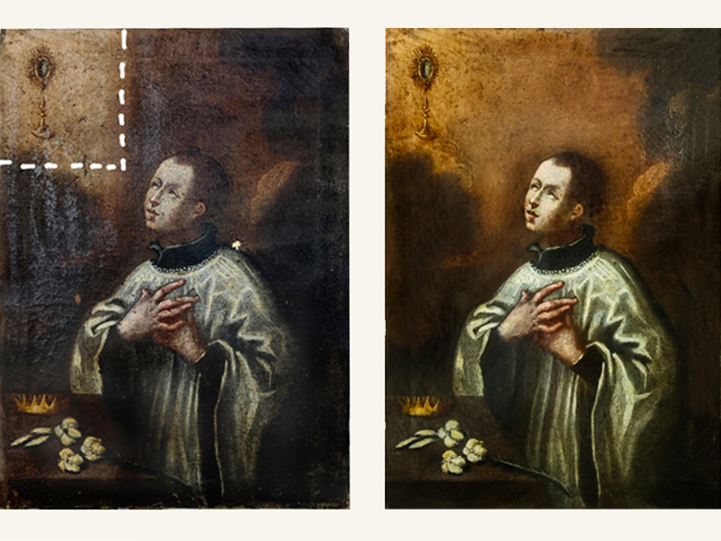 Restauro dipinto raffigurante San Luigi di Gonzaga, 50 x 35 cm anno restauro 2020