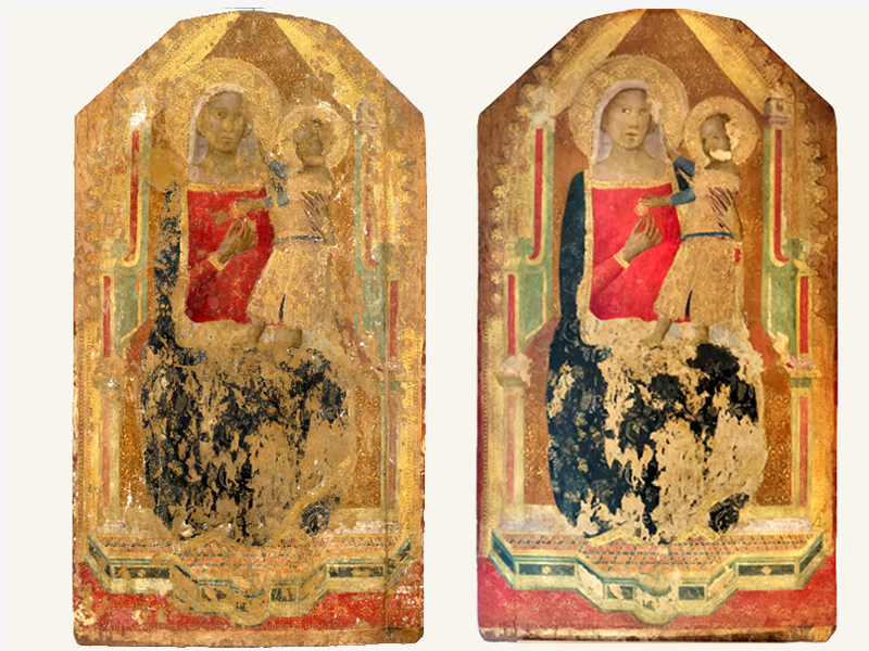 Restauro dipinto su tavola di Allegretto Nuzi, 1358, Pala centrale del Trittico di San Venanzio, 107×95 cm, anno restauro 2021